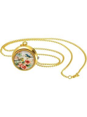 Women's Gold Quartz Flower Birds Vintage Pendant Necklace Chain Pocket Watch